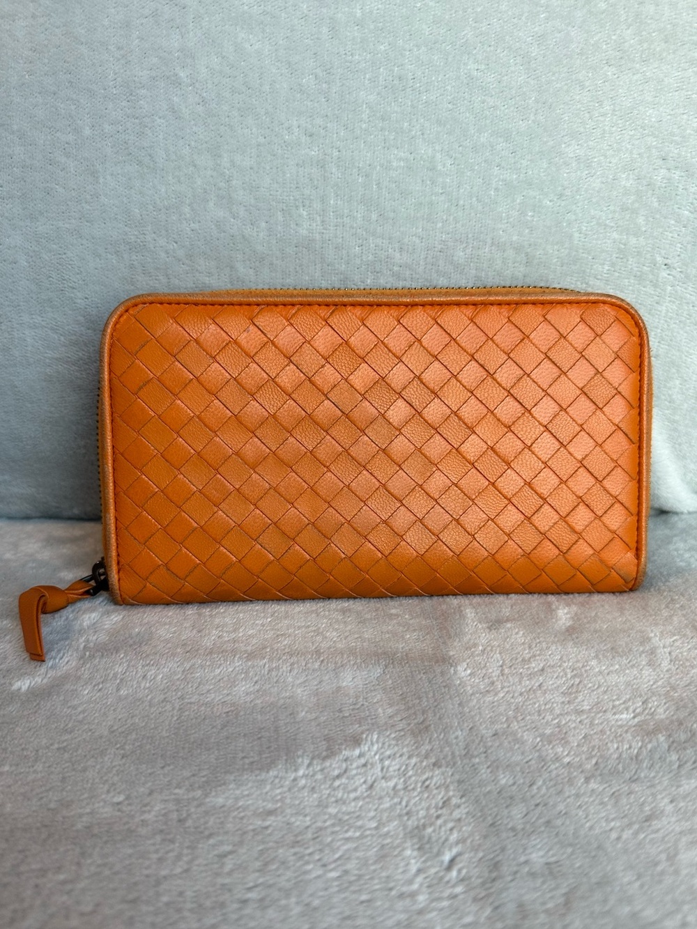 Bottega Veneta Orange Intrecciato Zip Around Wallet Long Wallet Leather